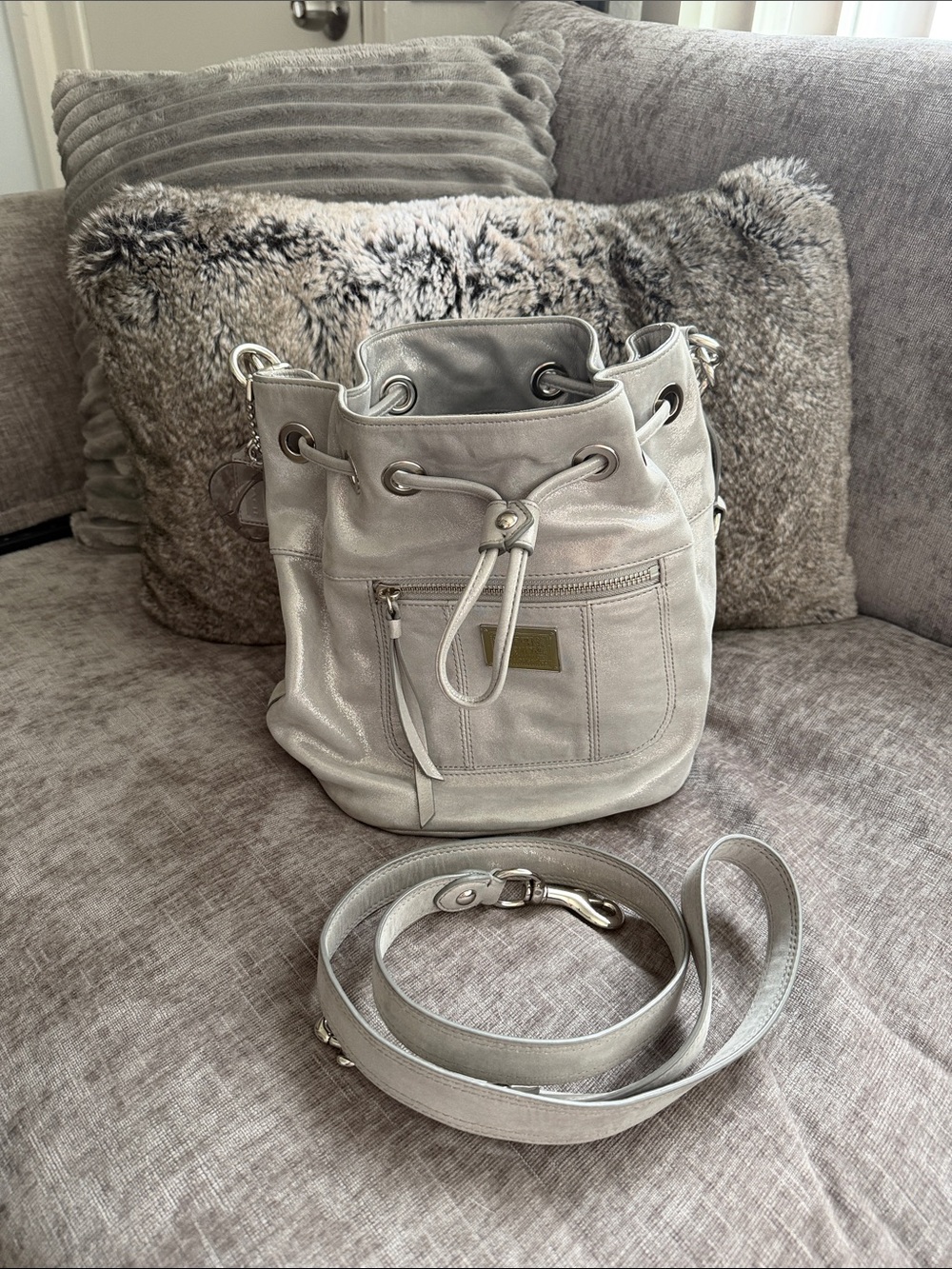 Coach Vintage Poppy Silver Metallic Drawstring Bucket Crossbody Bag